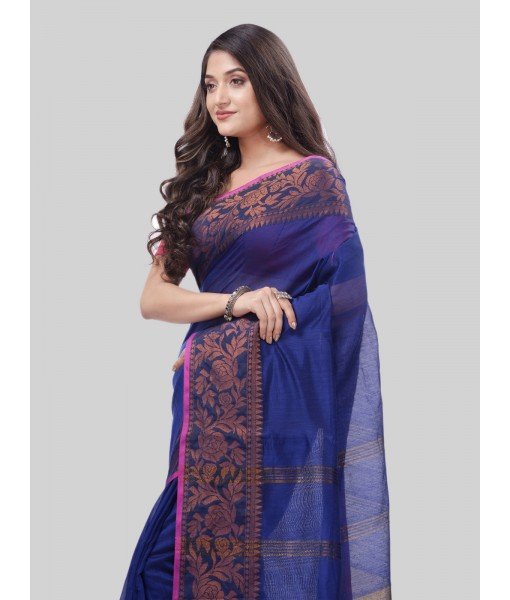 DESH BIDESH Women`s Cotton Handloom Cotton Silk Saree Gulab Work With Blouse Piece(Deep Blue)